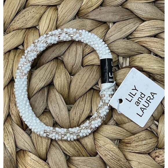 LILY and LAURA "Rose Gold Overlay on White" Hand Crocheted Beaded Bracelet - Picture 2 of 3